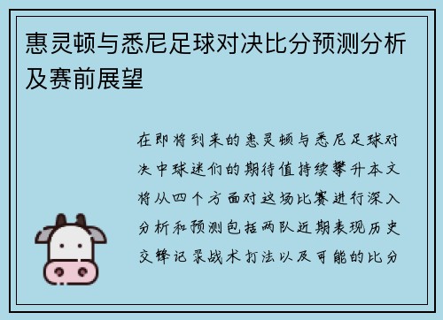 惠灵顿与悉尼足球对决比分预测分析及赛前展望