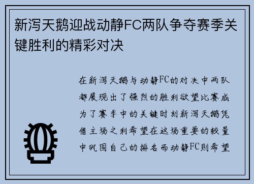 新泻天鹅迎战动静FC两队争夺赛季关键胜利的精彩对决