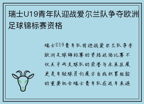 瑞士U19青年队迎战爱尔兰队争夺欧洲足球锦标赛资格